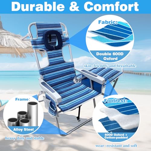 WKFAMOUT 16" Navy Portable Beach Chair with Face Hole & Cooler, Heavy Duty Folding Lounge Seat for Adults
