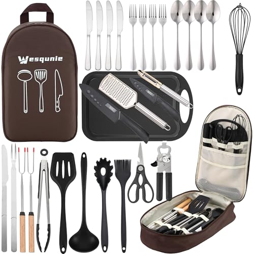 Camping Utensils Set - 30-Piece Silicone & Stainless Steel Kitchen Tools, Brown Pro Variation