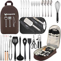 Camping Utensils Set - 30-Piece Silicone & Stainless Steel Kitchen Tools, Brown Pro Variation