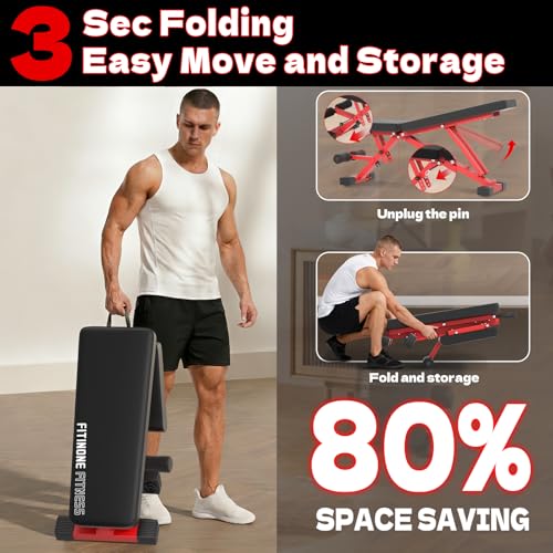 FitinOne Adjustable Weight Bench Black-Red, Foldable 800LBS Home Gym Equipment