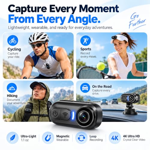 4K Wearable Body Camera with 64GB Storage - Action Camera for Vlogging, Hiking & Travel