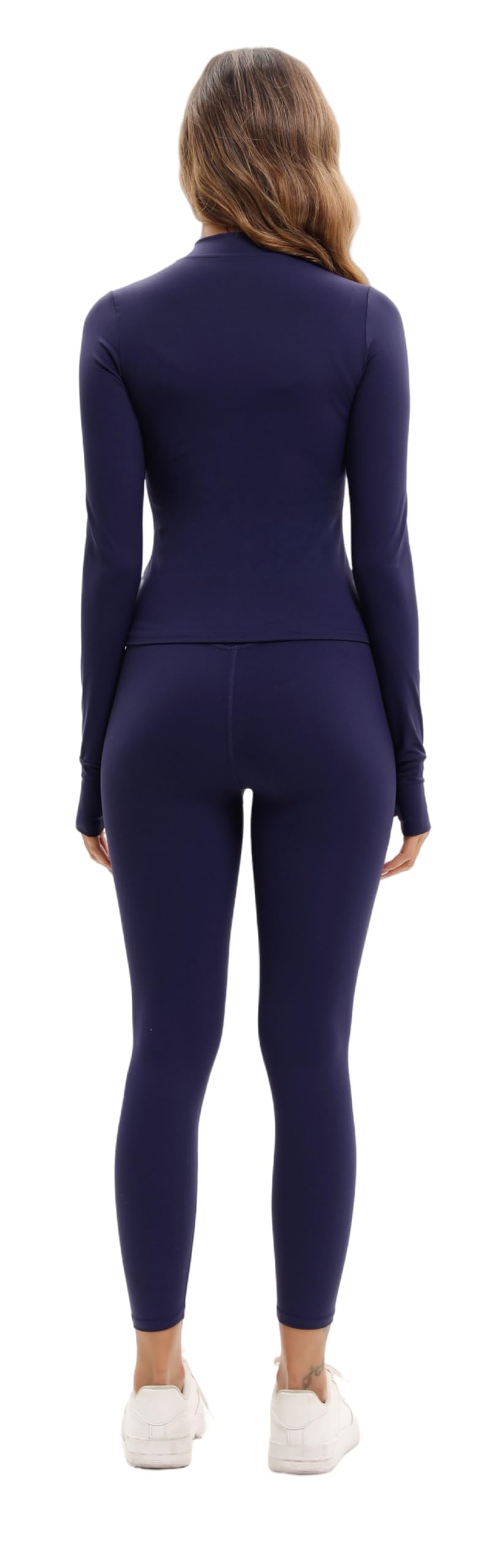 Womens 2 Piece Workout Set Gym Leggings Zip Up Jacket Matching Set Tummy Control Pants Athletic Outfit M Navy Blue
