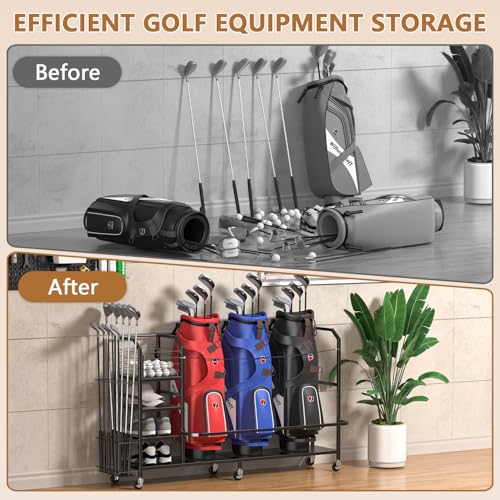 GloCryp 3 Golf Bag Storage Organizer for Garage - Heavy-Duty Steel, Rolling & Lockable, Multi-Shelf Golf Equipment Rack