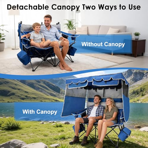 Suteck Double Camping Chair with Canopy - Blue, Foldable 660lbs Outdoor Loveseat with Shade and Coolers