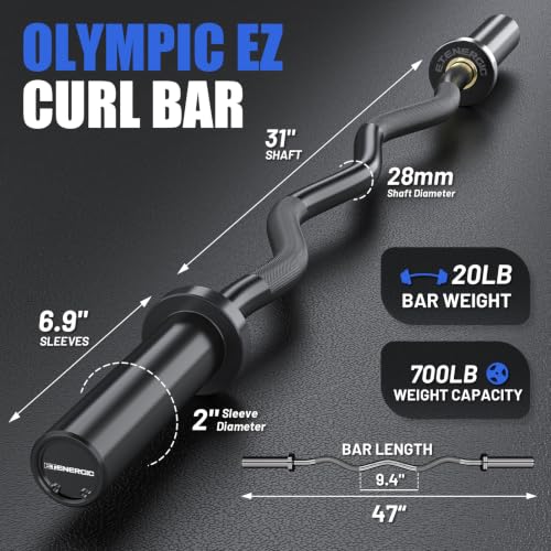 E.T.ENERGIC 47-Inch Solid Steel Olympic Curl Barbell - Black, 700LB Capacity