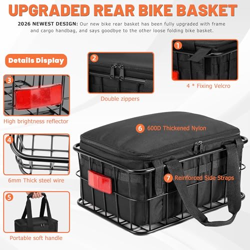 Large Bicycle Rear Rack Basket with Removable Liner Waterproof Cover for Mountain, City, E-Bike