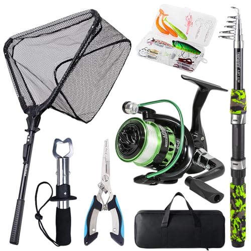 Green 6.9ft Telescopic Fishing Rod and Reel Combo Kit with Net and Lures
