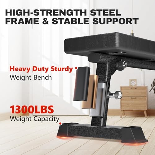 BlackPear Foldable Flat Weight Bench - Heavy Duty 1300LBS Capacity, Adjustable & Stable, Black