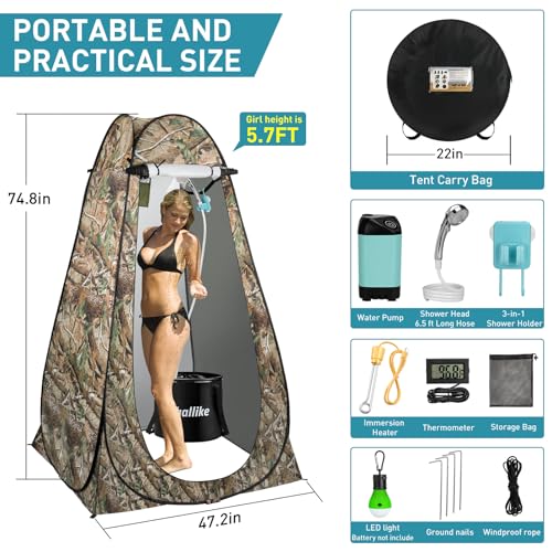 Portable Hot Shower Kit with Tent - 1000W Immersion Heater, Folding Bucket, Rechargeable Pump