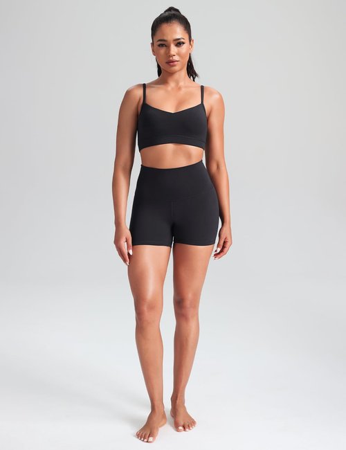 HeyNuts Womens V Neck Sports Bra, Low Impact Spaghetti Thin Strap Scoop Back Wirefree Camisole Workout Athletic Basic Gym Yoga Tops Padded with Built in Bras Black S