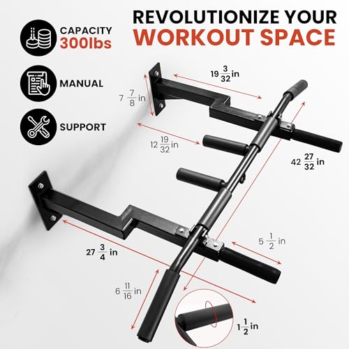 Wall Mounted Pull Up Bar - Adjustable for 16 & 24-Inch Studs, Multiple Grip Positions