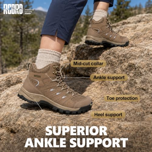 R CORD Women's Waterproof Hiking Boots - Brown, Size 8.5, Slip-Resistant & Cushioned