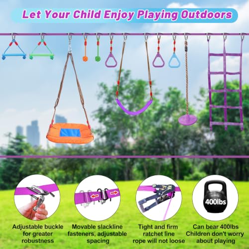 Kids Ninja Warrior Obstacle Course with 2x56ft Slackline & Purple Accessories - Outdoor Play Set