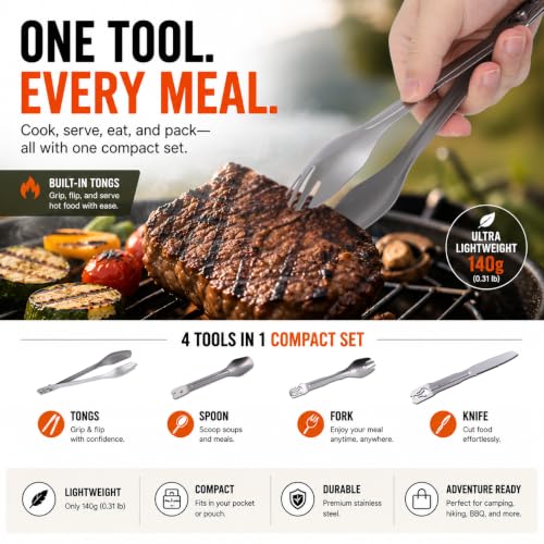 4-in-1 Camping Cutlery Set with Built-in Tongs Stainless Steel Compact Utensils