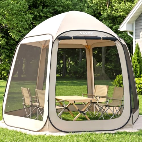 Beige Pop-Up Screen House Tent 10 x 9.2 ft for 4-8 People, Portable Mesh Gazebo with Carry Bag