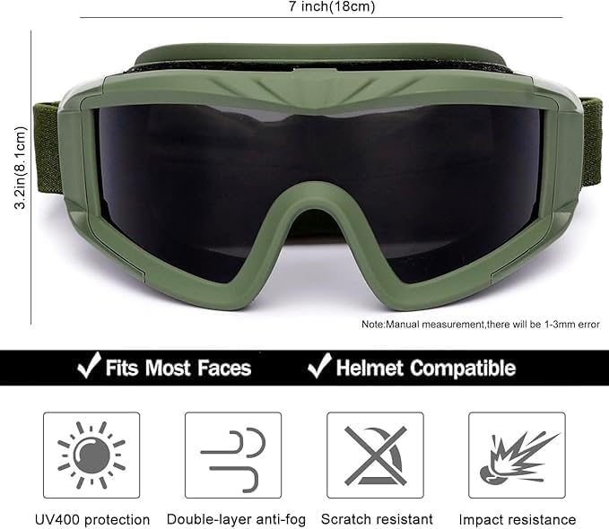 SPOSUNE Airsoft Goggles - Anti-Fog Tactical Goggles with 3 Interchangeable Lenses | UV400 Protection