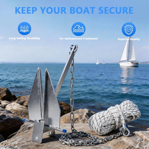 10 lb Boat Anchor Kit for 16-26 ft Vessels with Chain Rope & Shackles - SajoSolid