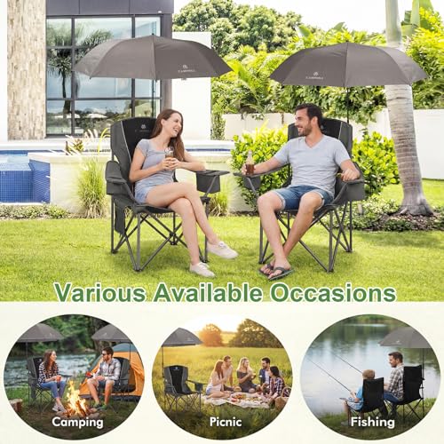 Black 2 Pack Oversized Camping Chairs with Adjustable Umbrellas and Padded Backrest
