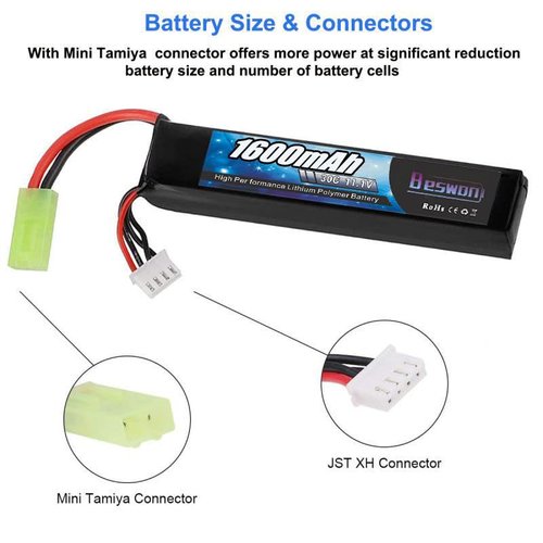 BESWON 2 Packs Airsoft Battery 11.1V Rechargeable 1600mAh 30C Lipo Battery with Mini Tamiya Connector，2S-3S Balance Charger for Airsoft Guns Rifle