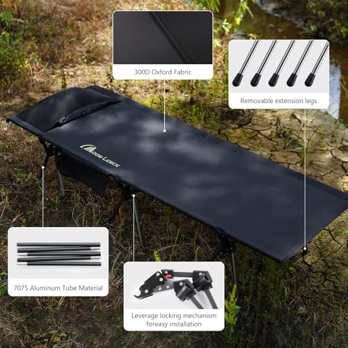 Camping Cot with Adjustable Height - Lightweight Folding Bed for Hiking Beach Office Nap - Black