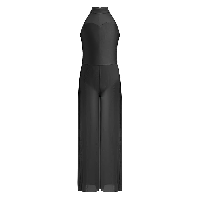 Girls Halter Keyhole Back Leotard Jumpsuit – Lyrical Dance Costume, Black 11-12 Years