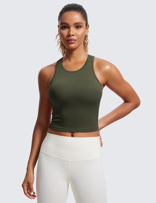 CRZ YOGA Seamless Ribbed High Neck Crop Tank Tops - Longline Racerback Padded Sports Bra for Women