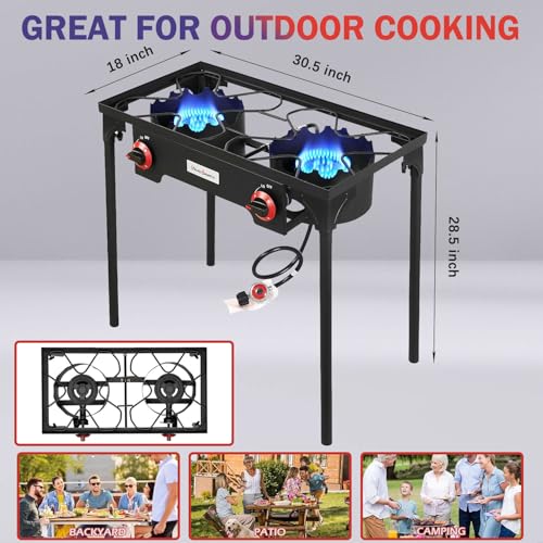 Propane Grill 2 Burner Outdoor Camping Stove - Portable Gas Cooker for Backyard BBQ and Camping - Double Burner