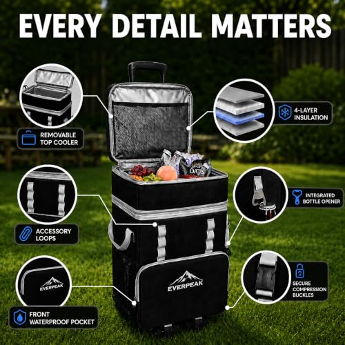 EverPeak 72-Can Collapsible Soft Cooler with Wheels & Removable Top, Insulated Leakproof Portable Cooler for Beach, Camping, Travel