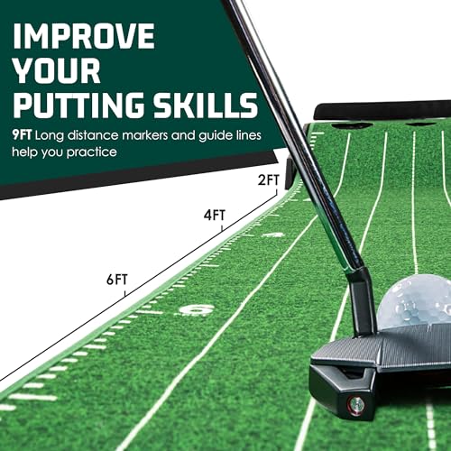 Indoor Golf Putting Green 9ft with Mirror & Auto Ball Return - Green