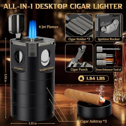 Black 8-in-1 Desktop Cigar Lighter Kit with Torch, Cutter, Punch & Ashtrays
