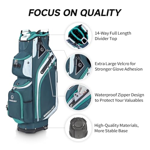 T WINSOLOGY Lightweight Golf Cart Bag with 14 Dividers, 11 Pockets, Cooler, INK BLUE/WHITE/MINT