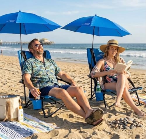 FAIR WIND 2-Pack Beach Chair with 360° Detachable Umbrella Navy Blue - Adults, Lightweight, Portable