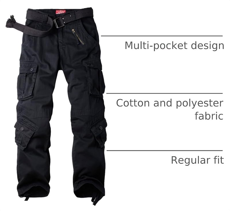 Women's Cargo Army Pants with 8 Pockets, Cotton Casual Work Pants - Black+24