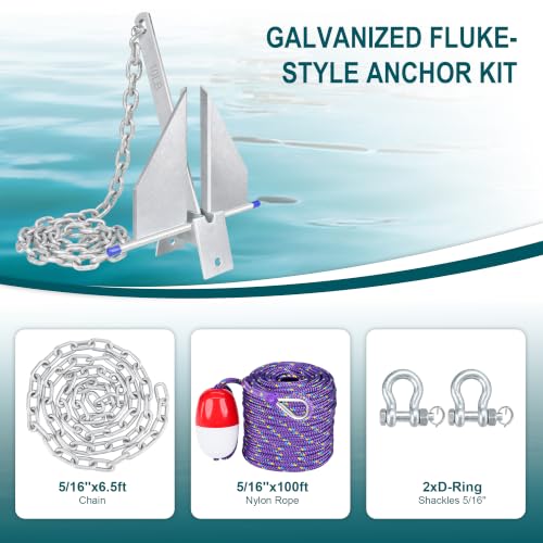 10LB Boat Anchor Kit with Chain, Rope & Shackles for 16-26ft Boats