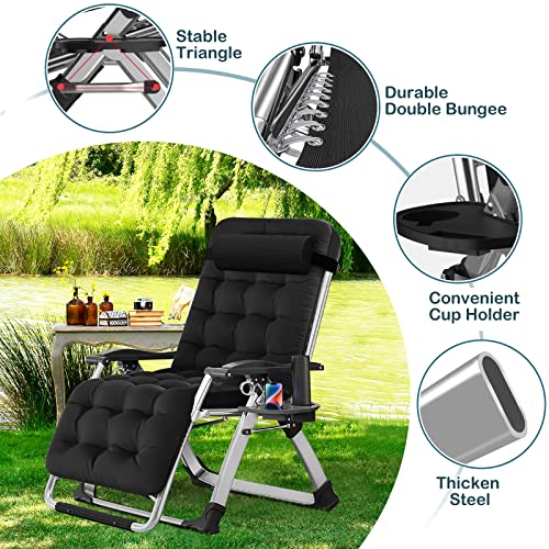 Black Zero Gravity Lounge Chair - Adjustable Folding Outdoor Recliner with Cup Holder