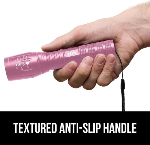 Gorilla Grip Tactical Flashlight - 750 FT Water Resistant, 5 Adjustable Modes, Ultra Bright, 2 Pack, Pink