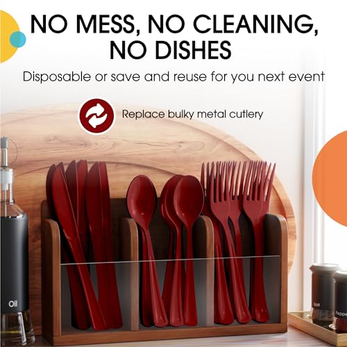 Burgundy Plastic Disposable Cutlery Set 150 Pcs - Forks Spoons Knives