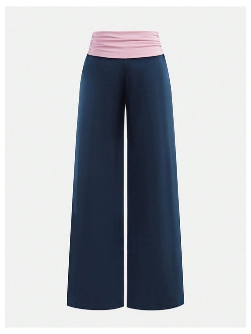 RoseSeek Girl's Fold Over Pants Color Block Low Rise Sweatpants Casual Yoga Pants Deep Blue 11Y