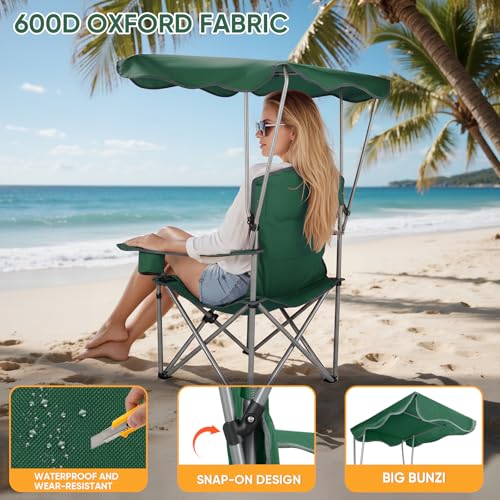 Northroad Green Folding Camping Chair with Canopy & Cup Holders Outdoor Portable Lounger