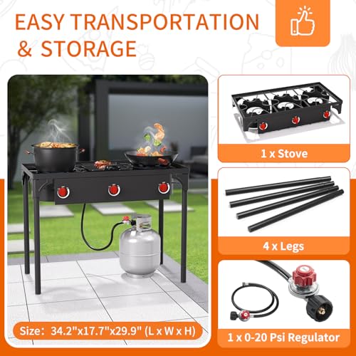 ADREAK 3 Burner Propane Gas Stove - Outdoor Camping Stove with Detachable Legs