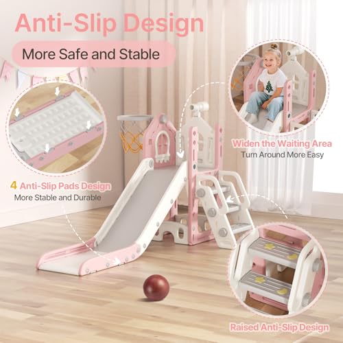 BIERUM 6-in-1 Toddler Indoor Playset & Slide - Pink, Safety Certified for Ages 1-3