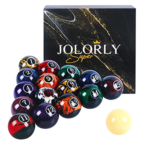 JOLORLY AAA-Grade Pool Balls Set - 16 Regulation Size Billiard Balls with Dark Marble Swirl Finish