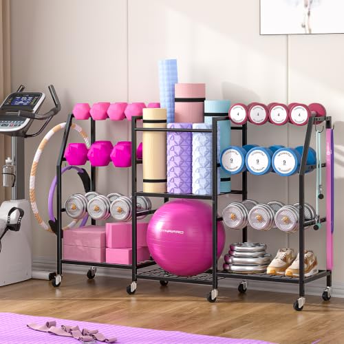 Large Dumbbell Rack with Yoga Mat Storage & Wheels - Home Gym Organizer