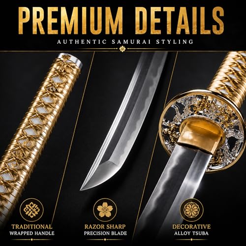 CANGDT Gold Handmade Samurai Katana Sword - 9260 Spring Steel, Full Tang, Practice & Collection
