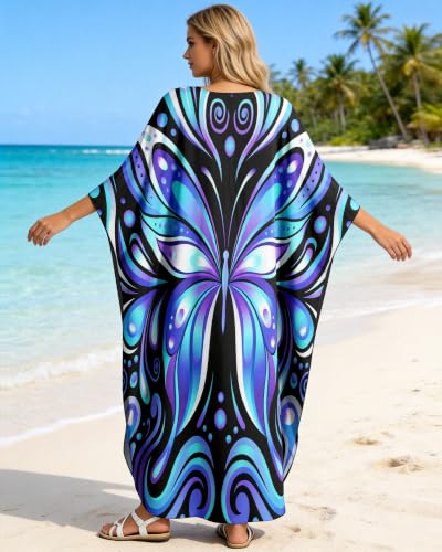 Purple Plus Size Kaftan Dress for Women V-Neck Beach Cover Up Batwing Sleeves