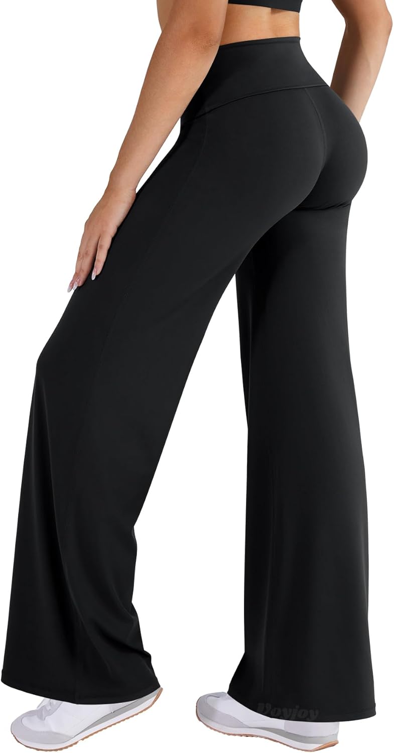VOYJOY Women's Fold Over Straight Leggings - No Front Seam, 31.5" Mid-Low Waist Stretch Yoga Pants