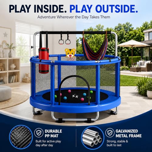 Kids Indoor & Outdoor Trampoline with Basketball & Accessories - Blue, Black
