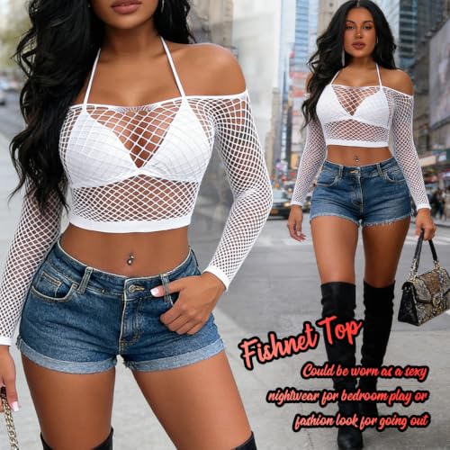 Women Sexy Fishnet Lingerie Top - Beach Cover Up, White, Medium
