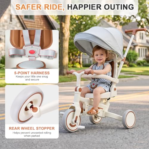 AOPEC 7-in-1 Foldable Toddler Tricycle Beige, Growth-Oriented Kids Bike 18 Months to 5 Years