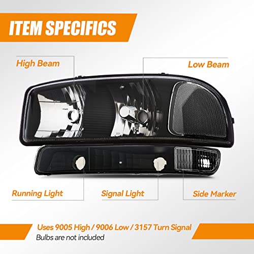 1999-2007 GMC Sierra Headlight Assembly Black Housing 4PCS Compatible with Models